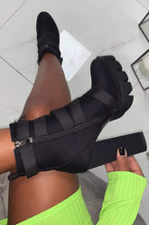 Black Zip Chunky Buckle Platform Ankle Boots