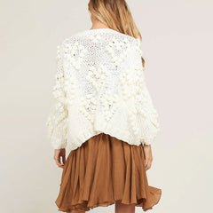 Cozy Crew Neck Sweetheart Popcorn Chunky Yarn Handmade Mohair Crochet Knit Sweater