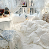 Korean Girl Princess Style Solid Color Bedding Fitted Set Cute Cotton Ruffle Duvet Cover With Pillow Case Full Queen Bed Sheets