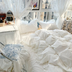 Korean Girl Princess Style Solid Color Bedding Fitted Set Cute Cotton Ruffle Duvet Cover With Pillow Case Full Queen Bed Sheets