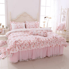 Korean style fresh garden flower bedding set dream princess cotton lace bedskirt ruffles pillowcase duvet cover set HM03A