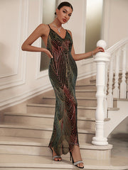 Deep V-Neck Suspender Sequin Dress