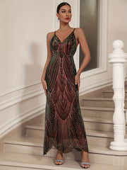 Deep V-Neck Suspender Sequin Dress