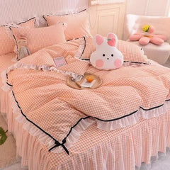 Checkered Bedding Set Bed Skirt Ruffle Lace Princess Style Girls Duvet Cover Simple Solid Color Home Textiles Decor Bedroom