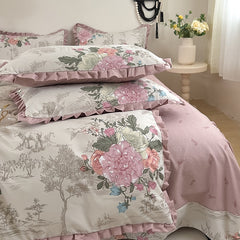 Korean Princess Style Ruffles Bedding Set Duvet Cover Set Flower Printing Quilt Cover Bed Sheet Or Fitted Sheet With Pillowcases