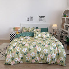 Dreamreal Floral Bedding Set with Duvet Cover 30 Colors Duvet Cover Fitted Sheet Pillowcase Luxurious Satin