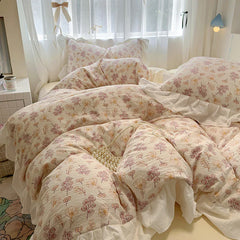 Bedding Set Korean Style New Small Floral Water Washed Cotton Lace Duvet Cover Set Queen Size