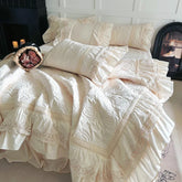 Rose Embossing Quilted Duvet Cover Set Vintage Lace Ruffles Pure Cotton Bedding Set Bed Sheet/Bed Skirt/Fitted Sheet Pillowcases
