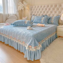 Luxury Velvet Fleece Flowers Lace Ruffles Quilted Bedspread, Mattress Cover, Bed Skirt, Bed Sheet Set, With Pillowcases, 3Pcs