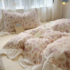 Bedding Set Korean Style New Small Floral Water Washed Cotton Lace Duvet Cover Set Queen Size