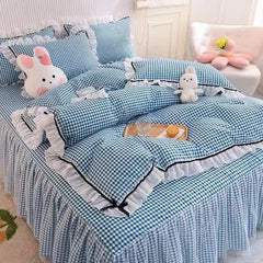 Checkered Bedding Set Bed Skirt Ruffle Lace Princess Style Girls Duvet Cover Simple Solid Color Home Textiles Decor Bedroom