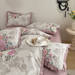 Korean Princess Style Ruffles Bedding Set Duvet Cover Set Flower Printing Quilt Cover Bed Sheet Or Fitted Sheet With Pillowcases