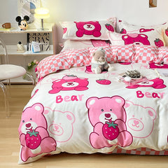 Girls Bedding Sets Kawaii Seersucker Bed Sheet Pillowcase Solid Color Duvet Cover Cute Home Decoration