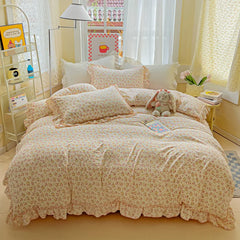 Korean Princess Style Floral Ruffles Bedding Set Washed Cotton Skin-friendly Soft Duvet Covers Set Bed Sheet Pillowcases 3/4Pcs