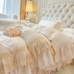 4/6Pcs Vintage French Double Layer Ruffles Princess Wedding 100% Cotton Bedding Set Duvet Cover Bed Skirt Bedspread Pillowcases