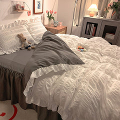 Ruffled Seersucker Duvet Cover Set 3/4pcs Soft Lightweight Down Alternative Grey Bedding Set with Bed Skirt and Pillowcases