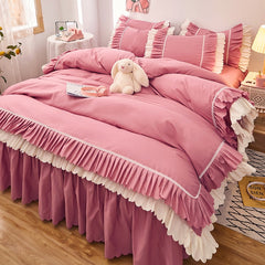 4pcs Couple Bed Quilt Set Sheet Bedsheet Bedspread Queen Size Duvets Cover Linens Comforter Bedding with Pillowcases Luxury Pink