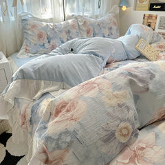 French Romantic Style Bedding Set Princess Skin Friendly And Comfortable Quilt Cover Lace Washed Cotton Printed Duvet Cover Set