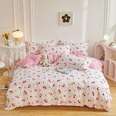 Home Textile Girl Boy Kids Bedding Set Red Cherries Duvet Cover Sheet Pillowcase Woman Adult Beds Sheet King Queen Full