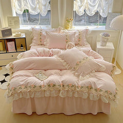 Korean Princess Style Flowers Lace Ruffles Duvet Covers Bed Skirt/Fitted Sheet Pillowcase Bedding For Girls Luxury Home Textiles