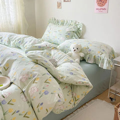Ins Korean Style Duvet Cover Set with Flat Sheet Pillowcase No filler Washed Cotton Queen Full Twin Cute Floral Home Bed Linen