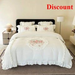 4Pcs Rose Flowers Embroidery Bedding Set Double King Queen Size Pink Girls Bedroom Duvet Cover Flat/Fitted Bed Sheet