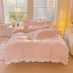 Warm Carved Milk Fleece Four-piece Winter Thickened Princess Wind Double-sided Fleece Bed Skirt Bed Sheet Bedding