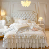 4/6Pcs Vintage French Double Layer Ruffles Princess Wedding 100% Cotton Bedding Set Duvet Cover Bed Skirt Bedspread Pillowcases