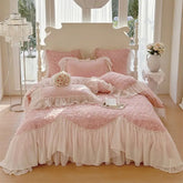 Three-Dimensional Rose Flowers Lace Ruffles Patchwork Bedding Set, Duvet Cover, Bed Sheet, Pillowcases, Pink, Egyptian Cotton
