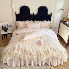 4Pcs Princess Wedding Bedding Set Korean Style Lace Flowers Embroidery Duvet Cover Bed Sheet/Fitted Sheet/Bed Skirt Pillowcases