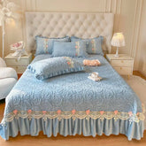 Luxury Velvet Fleece Flowers Lace Ruffles Quilted Bedspread, Mattress Cover, Bed Skirt, Bed Sheet Set, With Pillowcases, 3Pcs