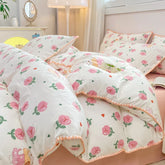 INS Girls Cherry Bedding Set Soft Washed Cotton Bed Sheet Queen King Size Simple Quilt Cover Pillowcase Bed Linens