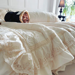 Rose Embossing Quilted Duvet Cover Set Vintage Lace Ruffles Pure Cotton Bedding Set Bed Sheet/Bed Skirt/Fitted Sheet Pillowcases