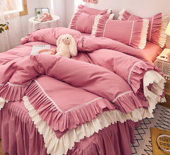 4pcs Couple Bed Quilt Set Sheet Bedsheet Bedspread Queen Size Duvets Cover Linens Comforter Bedding with Pillowcases Luxury Pink