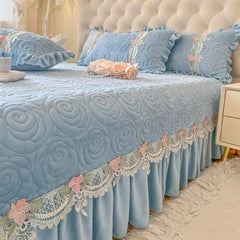 Luxury Velvet Fleece Flowers Lace Ruffles Quilted Bedspread, Mattress Cover, Bed Skirt, Bed Sheet Set, With Pillowcases, 3Pcs