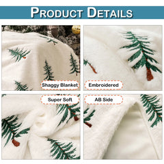 Soft Faux Fur Blanket Reversible Fuzzy Long Hair Shaggy Blanket Fluffy Plush Fleece Christmas Tree Embroidered Throw Blanket