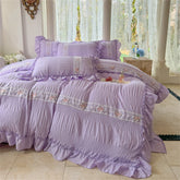 Korean Style Bed Set Seersucker Flower Embroidery Four Piece Set With Lace Bed Flat Sheet Pillowcase Duvet Cover Set Textiles