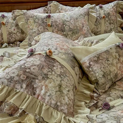 4/5Pcs Vintage French Style Flowers Pleated Lace Ruffles Bedding Set Egyptian Cotton Duvet Cover Bed Skirt Bed Sheet Pillowcases