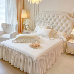 4/6Pcs Vintage French Double Layer Ruffles Princess Wedding 100% Cotton Bedding Set Duvet Cover Bed Skirt Bedspread Pillowcases