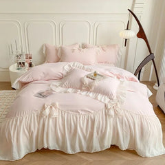 Korean Princess Lace Bedding Set Beautiful Solid Color Lace Pleated Duvet Cover Luxury Girl Wedding Home Textile Bed Sheet Cover