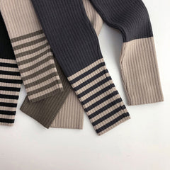 Asymmetric Color Block Striped High Waist Chunky Ribbed Knit Girls Leggings