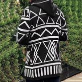 Casual Open Front Men Winter Black and White Geometric Knit Hooded Cardigan