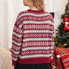 Christmas Red Nordic Fair Isle Geometric Jacquard Knit Pullover Sweater