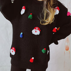 Christmas Santa Hat Applique Long Sleeve Oversized Ribbed Knit Sweater