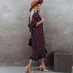 Colorful Boucle Plaid Fringe Trim Open Front Knit Purple Duster Cardigan