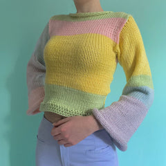 Color Block Crew Neck Bell Sleeve Roll Trim Cropped Knit Sweater