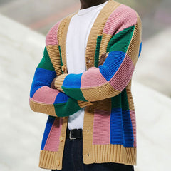 Colorful Plaid Patchwork V Neck Long Sleeve Men Button Up Knit Cardigan