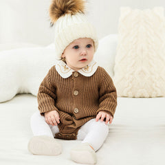 Comfy Solid Color Round Neck Long Sleeve Button Front Ribbed Knit Baby Romper