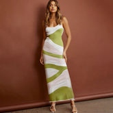 Contrast Abstract Print Scoop Neck Spaghetti Strap Bodycon Maxi Slip Sweater Dress