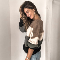 Contrast Whipstitch Color Block Round Neck Knit Sweater